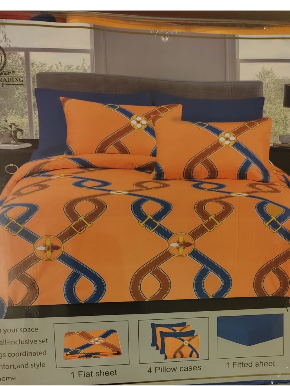 Orange Belt-Print Bedding Set with Navy Accents